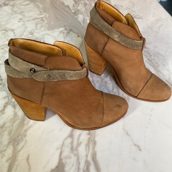 Rag & Bone Harrow Tan Suede Distressed Leather Harness Heeled Ankle Boots 6.5 - Picture 2 of 9